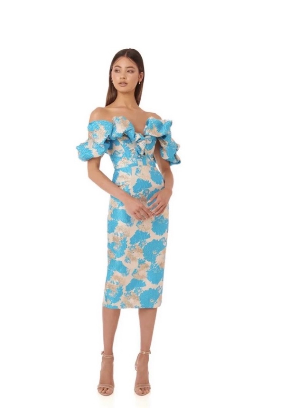 Women’s Off-Shoulder Blue & Cream Floral Midi Dress